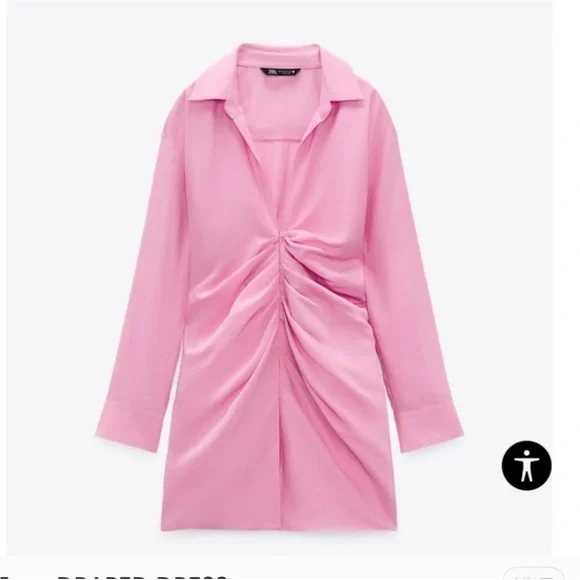 Zara long sleeves pink v neck mini dress — collared blazer style ruched detail - Picture 8 of 10